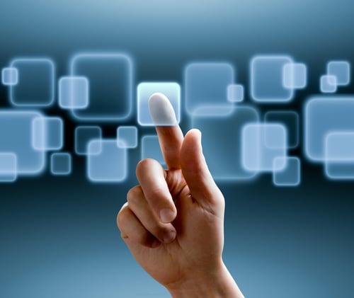 "hand pushing a button on a touch screen interface"