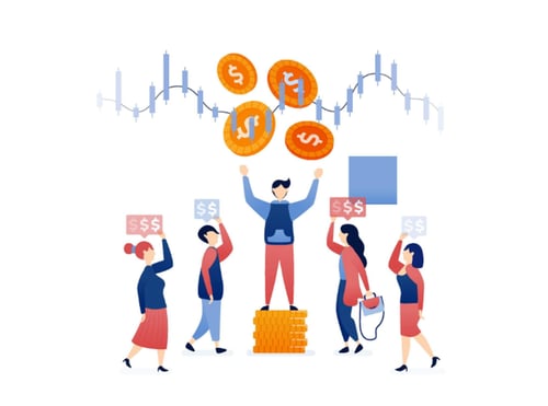 Team of people holding dollar signs with orange coins and stock chart in background representing financial success.