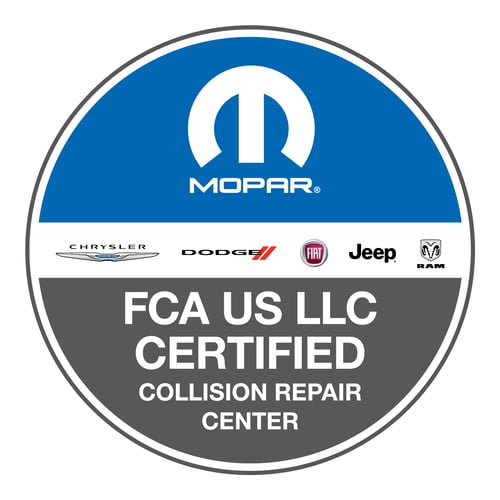 FCA US LLC Certified Collision Repair Center logo. Circular badge featuring the Mopar logo in white on a blue background at the top, a row of brand logos—Chrysler, Dodge, Fiat, Jeep, and Ram—across the center, and the words “FCA US LLC Certified Collision Repair Center” in bold white text on a gray background at the bottom. Signifies official certification for collision repair facilities serving FCA brands.