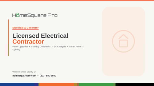 Wilton CT home services cover photo for HomeSquare Pro featuring Trusted Home Experts Since 1978 branding across design build remodeling, electrical and generator, handyman maintenance, and estate caretaker services in Fairfield County CT.