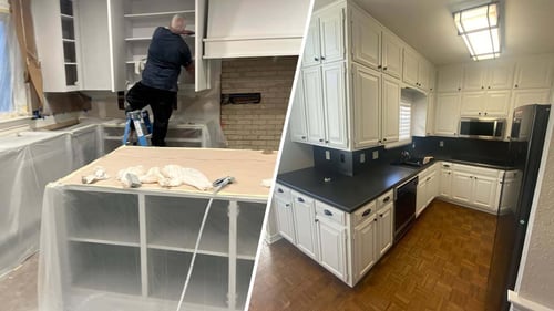 Two images showcasing a painter at work and the beautifully finished painted kitchen cabinets in Jonathon Cunningham’s home.