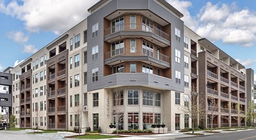 Luxury apartment building at The Circuit in East Downtown Houston with modern design, private balconies, and resort-style living.