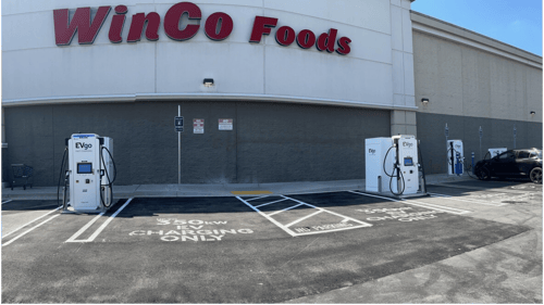 Several EVgo fast-charging units installed in marked parking spaces at a public charging station, with EVgo logos on the chargers, protective bollards around each unit
