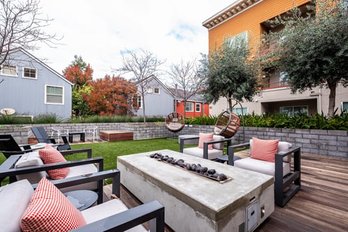 Outdoor firepit with seating at MODE, San Mateo, CA, 94403