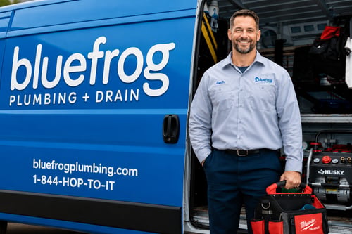 plumbers standing outside van with equipment