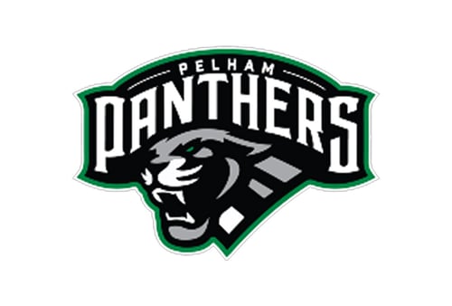 Logo of the Pelham Panthers features a fierce black panther head with its mouth open, set against bold white "Panthers" text outlined in green.