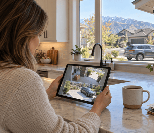 Woman checking porch and driveway security camera feeds on a tablet in her kitchen, with snowcapped mountains visible through the window.