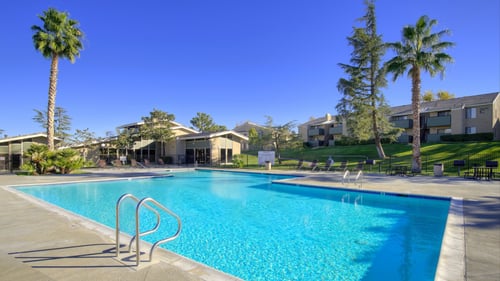 A swimming pool surrounded by palm trees and apartment buildings at Chaparral Apartments , West Palmdale