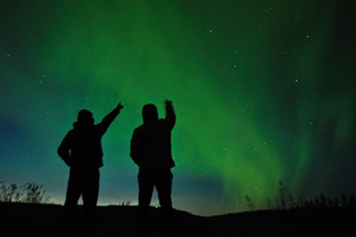 Two people standing at night pointing at the sky, which is filled with northern lights.