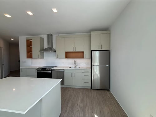 Kitchen Interior with Island and Stainless Steel Appliances at Canvas Apartments in Hyattsville, MD 20781