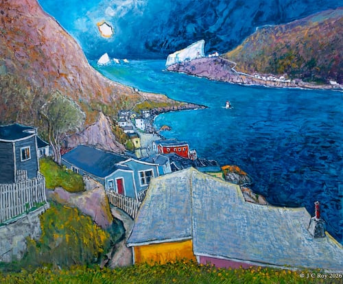 Oil painting of St. John's Narrows by Jean-Claude Roy. Commissioned by Luke O'Brien, May 2026.