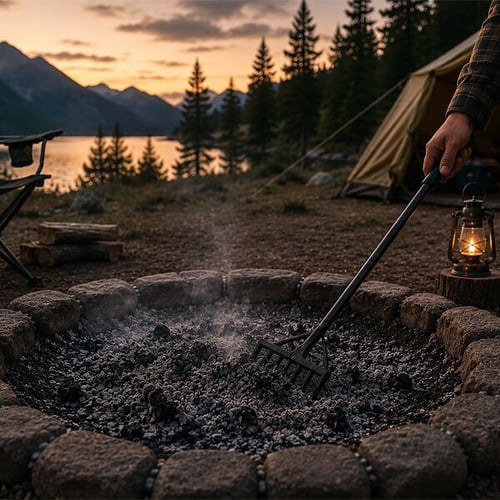 An ai generated image of a fire pit that a person is raking the wet coals.