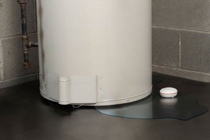 Puddle of water from a water heater leak is forming, a Kidde Water Leak + Freeze Detector is on the floor in the puddle.