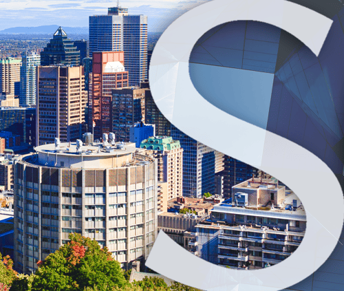 Un S graphique sur une image aérienne d'immeubles de bureaux.