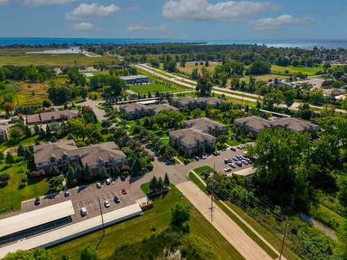 Aerial view of the apartment complex at Prentiss Pointe Apartments in Harrison Township, MI, 48045