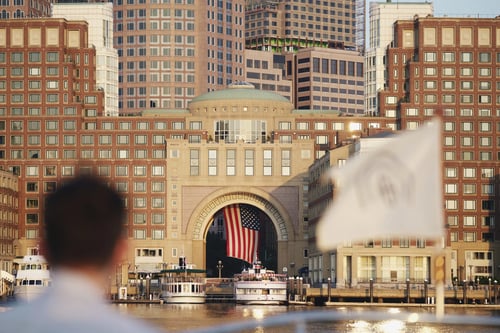 Exterior shot of the front of our luxury Boston Harbor Hotel.