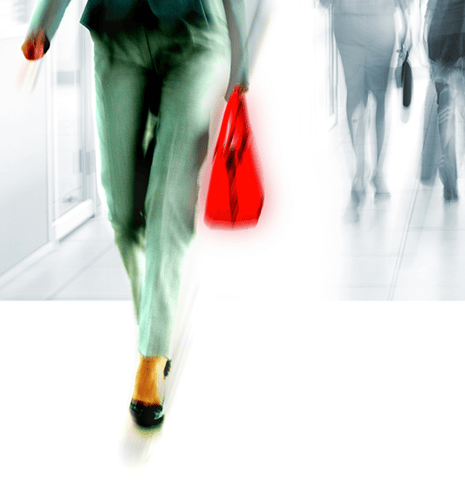 Graphic of a women walking down a black and white hallway, holding a red handbag.