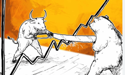 Bull and bear illustrations in white sketch style facing each other across a jagged line graph on an orange and yellow background