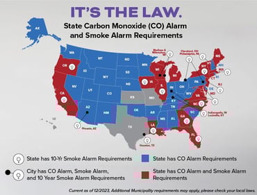 A map that shows the states that have laws in place requiring smoke or carbon monoxide alarms to be installed in homes.