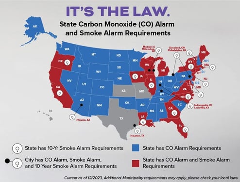A map that shows the states that have laws in place requiring smoke or carbon monoxide alarms to be installed in homes.
