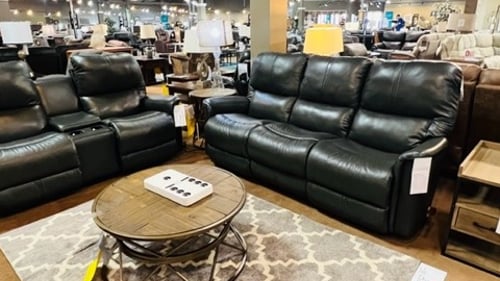 Slumberland Furniture Store in Wausau,  WI - Black leather couch and loveseat