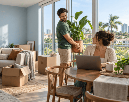 Couple unpacking in a bright Orlando apartment, with a woman using a laptop while her partner carries a potted plant near palm-lined windows.