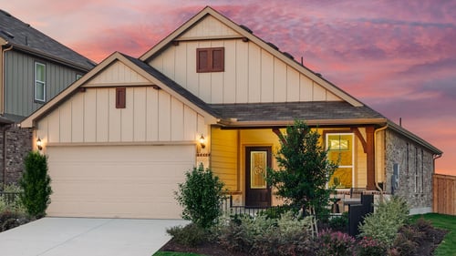Exterior of new construction home in Buda, TX, at Sunfield by Pulte Homes