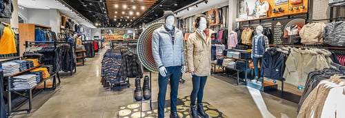 Interior of Columbia Sportswear store featuring mannequins dressed in outdoor clothing, including jackets and pants. The store has racks of clothing and accessories neeatly organized, with a variety of outdoor gear visible in the background. The store is well-it with overhead lighting.