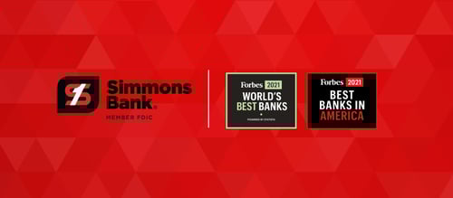 Simmons Bank Logo. Forbes 2021 World's Best Banks. Forbes 2021 Best Banks in America.