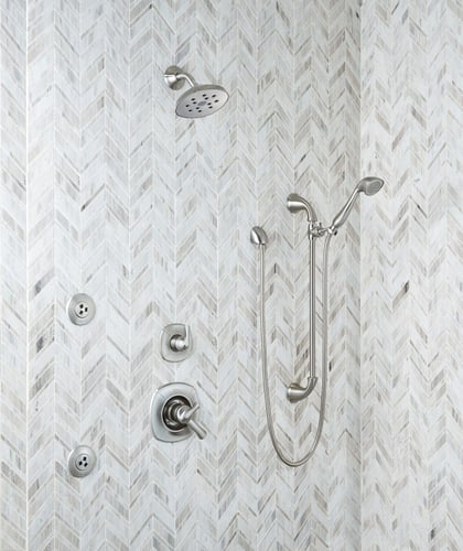 Palisandro Chevron marble tiles feature a dynamic and contemporary design. These elegant natural stone tiles are perfect to use as backsplash tiles, for floors, showers, and other design elements throughout homes and commercial properties. The soft white and cream tones are a perfect complement to a variety of other natural stone tiles.
