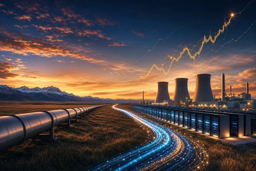 A cinematic Alberta prairie landscape at dusk with two parallel infrastructure projects converging: a steel oil pipeline stretching toward distant mountains on the left, and a glowing gigawatt AI data center with gas-fired power plant cooling stacks on the right, connected by a luminous river of fiber-optic light, under a deep navy-to-amber sky with subtle upward-trending golden chart lines.