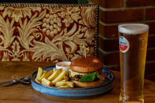 Cheese & bacon burger, two 3oz beef patties, smoked streaky bacon, smoked Cheddar, house burger sauce
