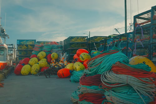 Fishing equipment including lobster traps, buoys, and rope is piled neatly on the wharf, ready to be loaded onto the fishing boats.
