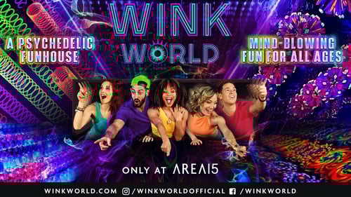 Wink World front (painting, mural, installation - everything painted by Alex Aliume @aliumeart . As soon as you enter inside - you will walk through the Visionary Aliume Gallery @aliumeart (my first gallery) and 6 Infinity Rooms. You will receive 3D glasses which will allow you to enjoy the magnificent depth of Original Blacklight Art. The full experience takes around 25 minutes.