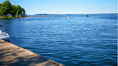 A serene lakeside scene with a wooden dock in the foreground, several boats on the calm blue water, and lush trees lining the shore under a clear sky.