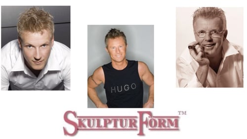 Collage of clients after hair replacement with Skulptur Form Inc logo below it