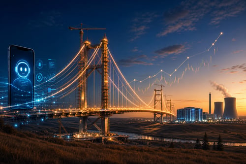 A luminous suspension bridge under construction at dusk, cables glowing like fiber-optic light, spanning from a modern smartphone and AI agent interface on the left toward a futuristic data centre and gas-fired power plant on the right, set against an Alberta prairie skyline with subtle upward-trending golden chart lines.
