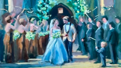 Painting of bride and groom on wedding day