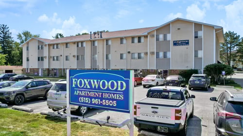 Foxwood Apartments signaling in front of the apartment complex building, Indianola, IA