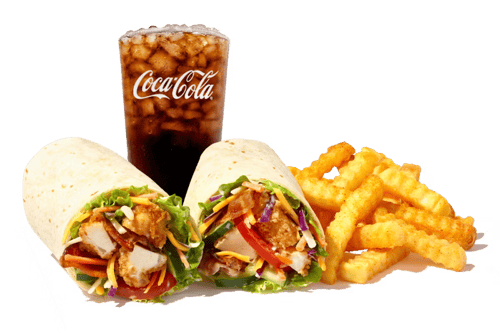 A Giant Chicken Finger Wrap with 3 hand-breaded Chicken Fingerz™, mixed greens with carrots and red cabbage, Cheddar Jack cheese, natural hardwood smoked bacon, cucumbers, tomatoes, and a drizzle of Ranch wrapped in a flour tortilla. Served with Crinkle Fries and Small Drink.