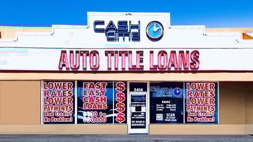 Cash Time South Tucson storefront in 6th Avenue Shopping Center south of 36th Street offering title loan buyouts, registration loans, and personal loans with same day cash and fifteen minute approvals