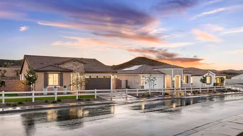 Street view of model homes in Arbor at Cimarron Ridge by Del Webb in Menifee, CA.