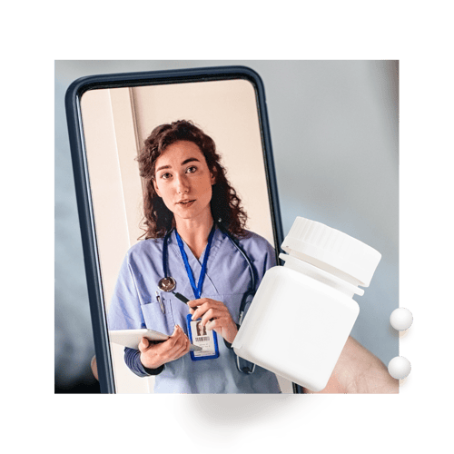 On a smartphone, a female doctor is talking in a telehealth appointment. The image is overlapped with a white medication bottle and two pills