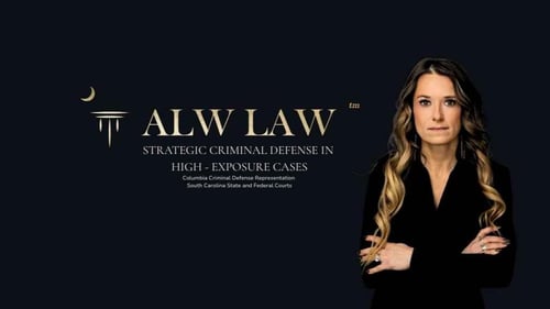 ALW Law, LLC logo in gold and navy branding for a commercial law office located in Columbia, SC.